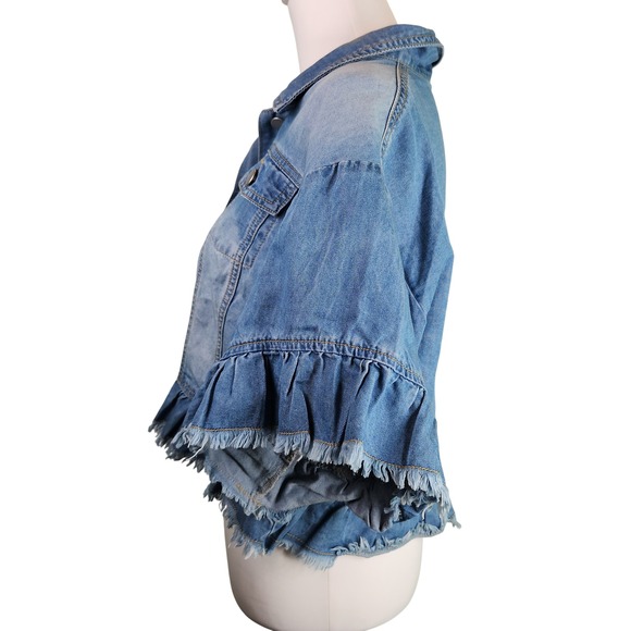 Allegra K Blue Cropped Denim Jacket XL Ruffle Short Sleeve Frayed Hem Y2K - Picture 5 of 10